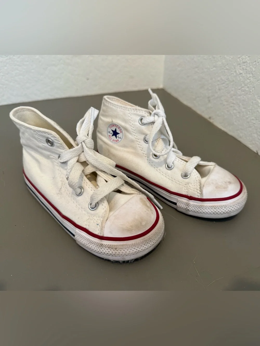 Converse White High Top Kids Sneakers with Red Trim